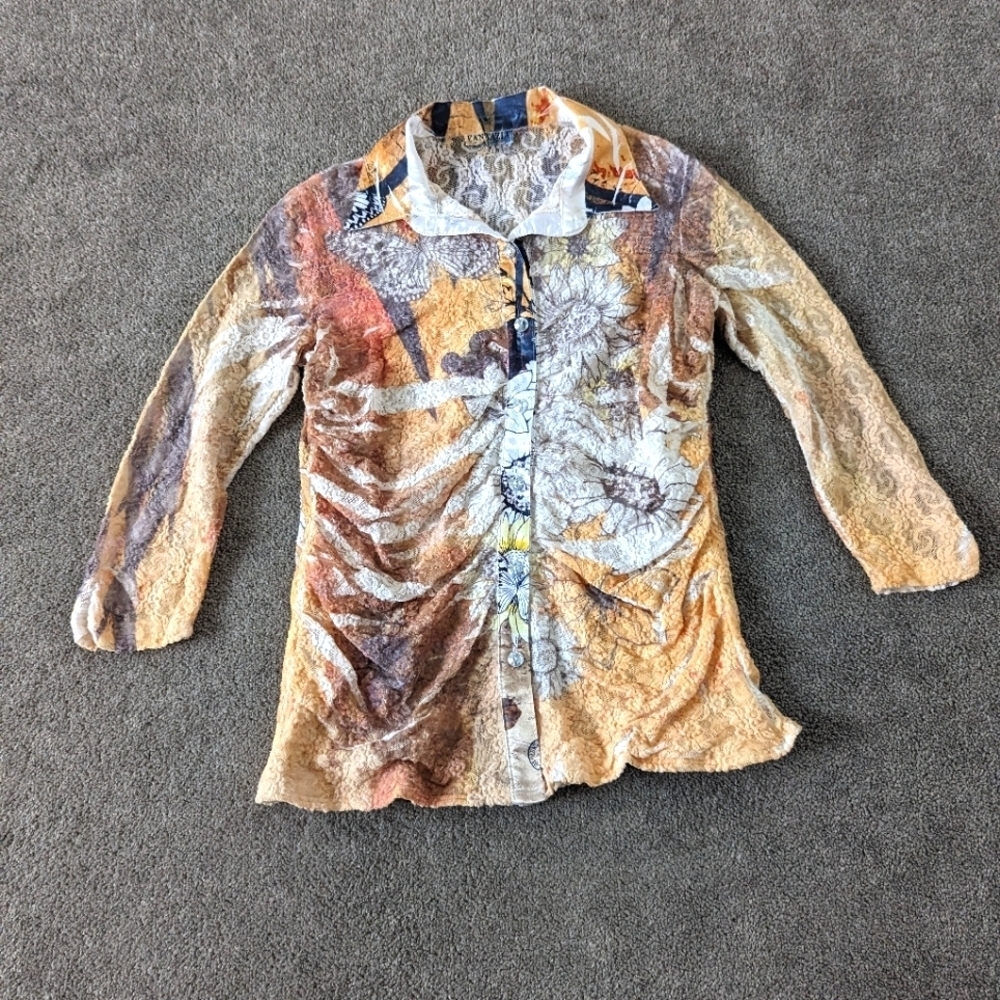 Fantazia Women's Lace Sheer Floral Ruched Blouse Size Medium Y2K